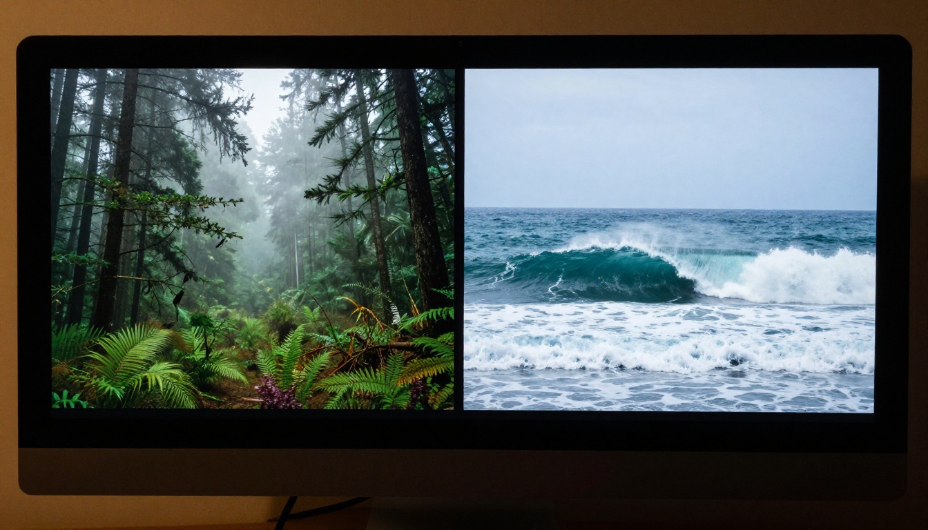 Split-screen monitor comparison showing two AI-generated video outputs Split-screen monitor comparison showing two AI-generated video outputs