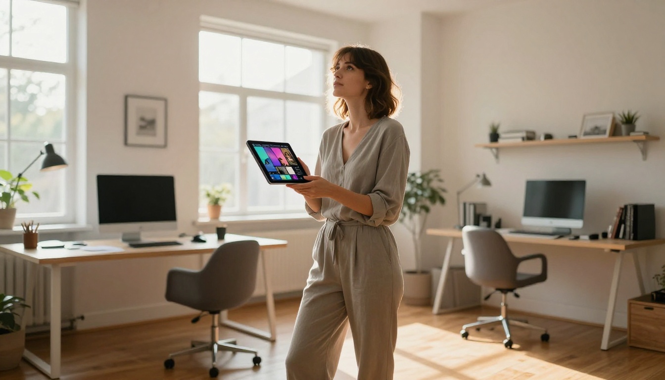 Woman standing in home office holding tablet with video generation interface Woman standing in home office holding tablet with video generation interface