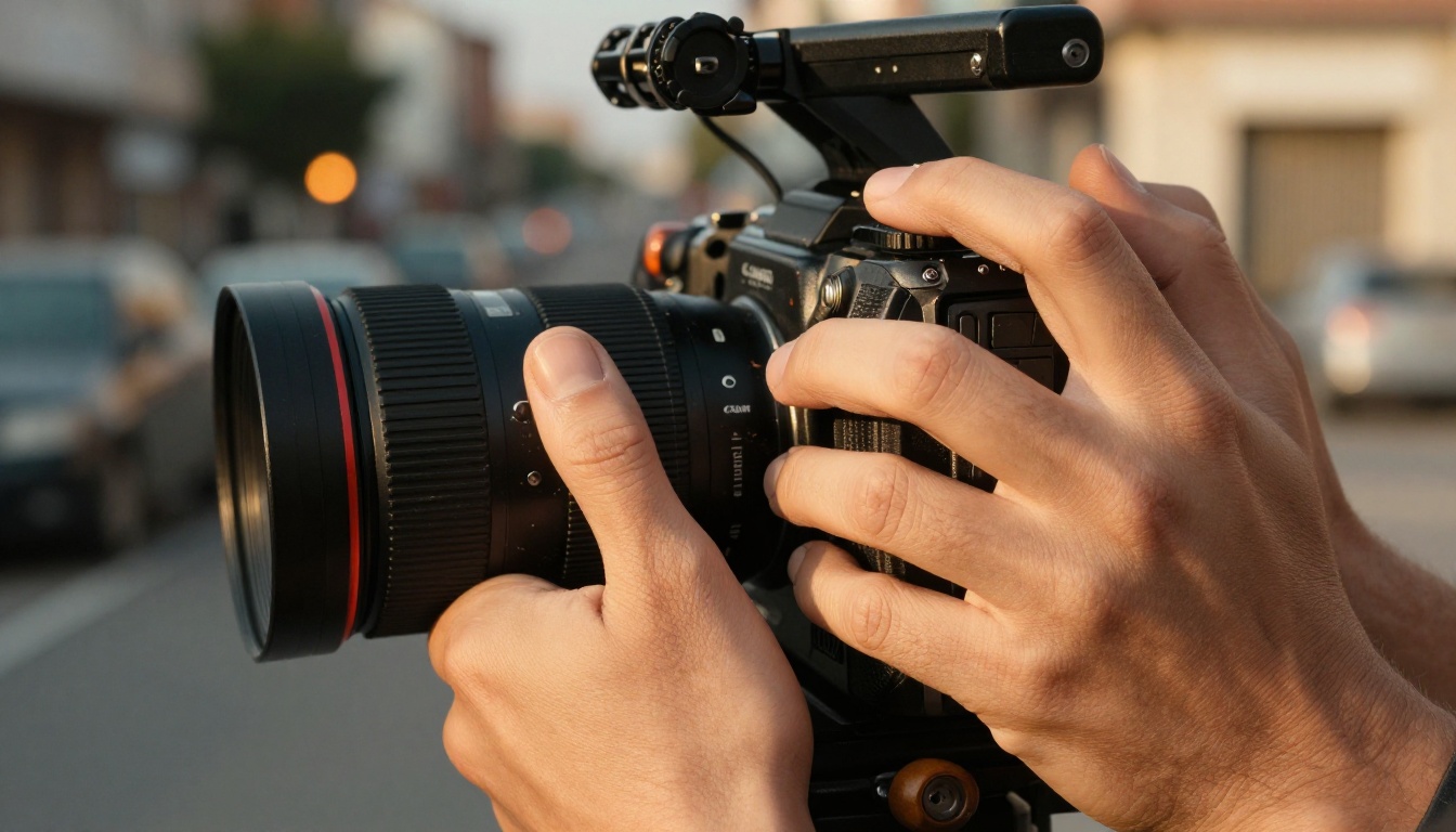 Filmmaker's hands gripping cinema camera on location