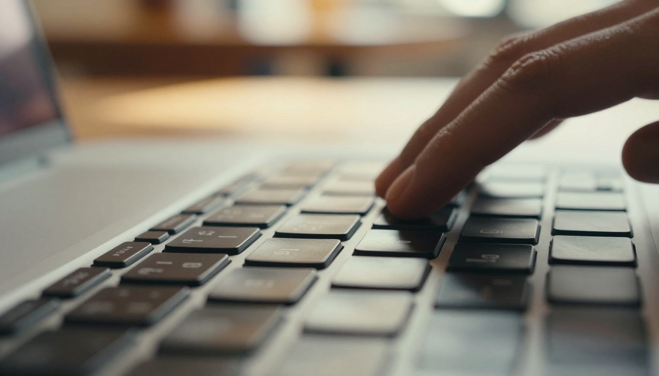 Close-up of laptop keyboard with hands typing in warm coffee shop setting Close-up of laptop keyboard with hands typing in warm coffee shop setting