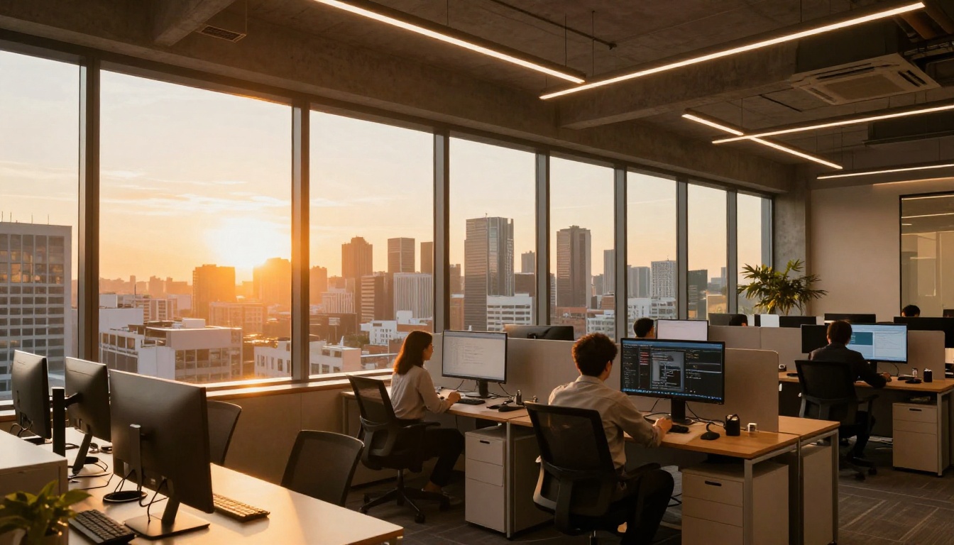 Modern tech office at golden hour with cityscape through floor-to-ceiling windows Modern tech office at golden hour with cityscape through floor-to-ceiling windows