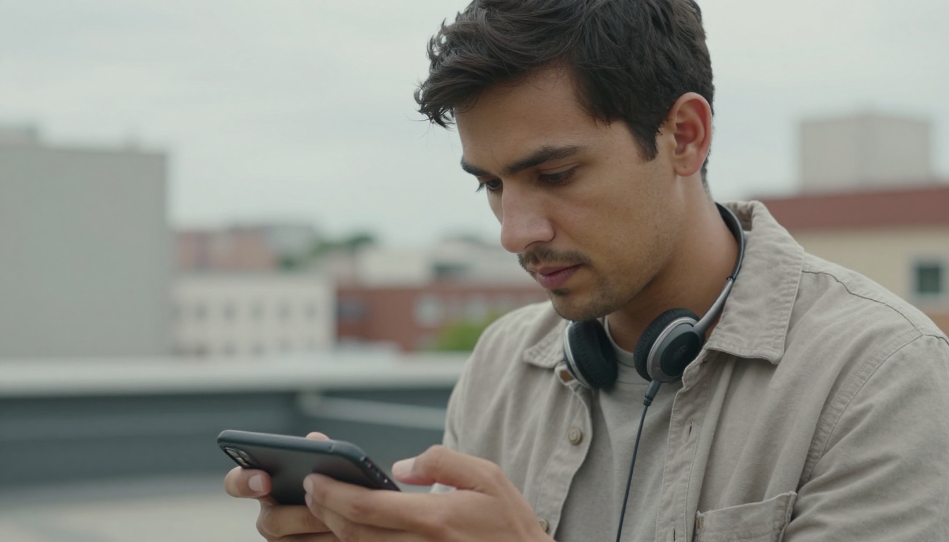 Male videographer reviewing phone content on an urban rooftop at overcast midday Male videographer reviewing phone content on an urban rooftop at overcast midday