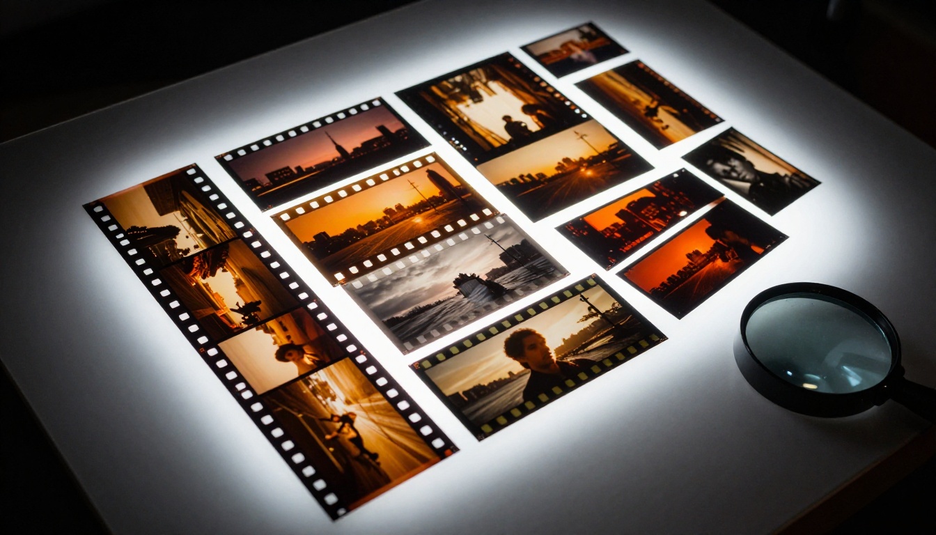 Film strip contact sheet on professional photography lightbox