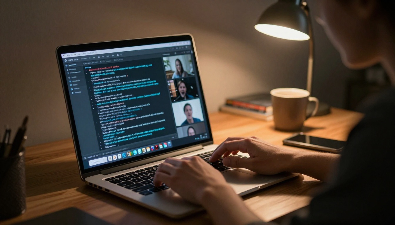 A creative professional typing text prompts into an AI video generation interface, laptop glowing in a dark studio with warm amber light