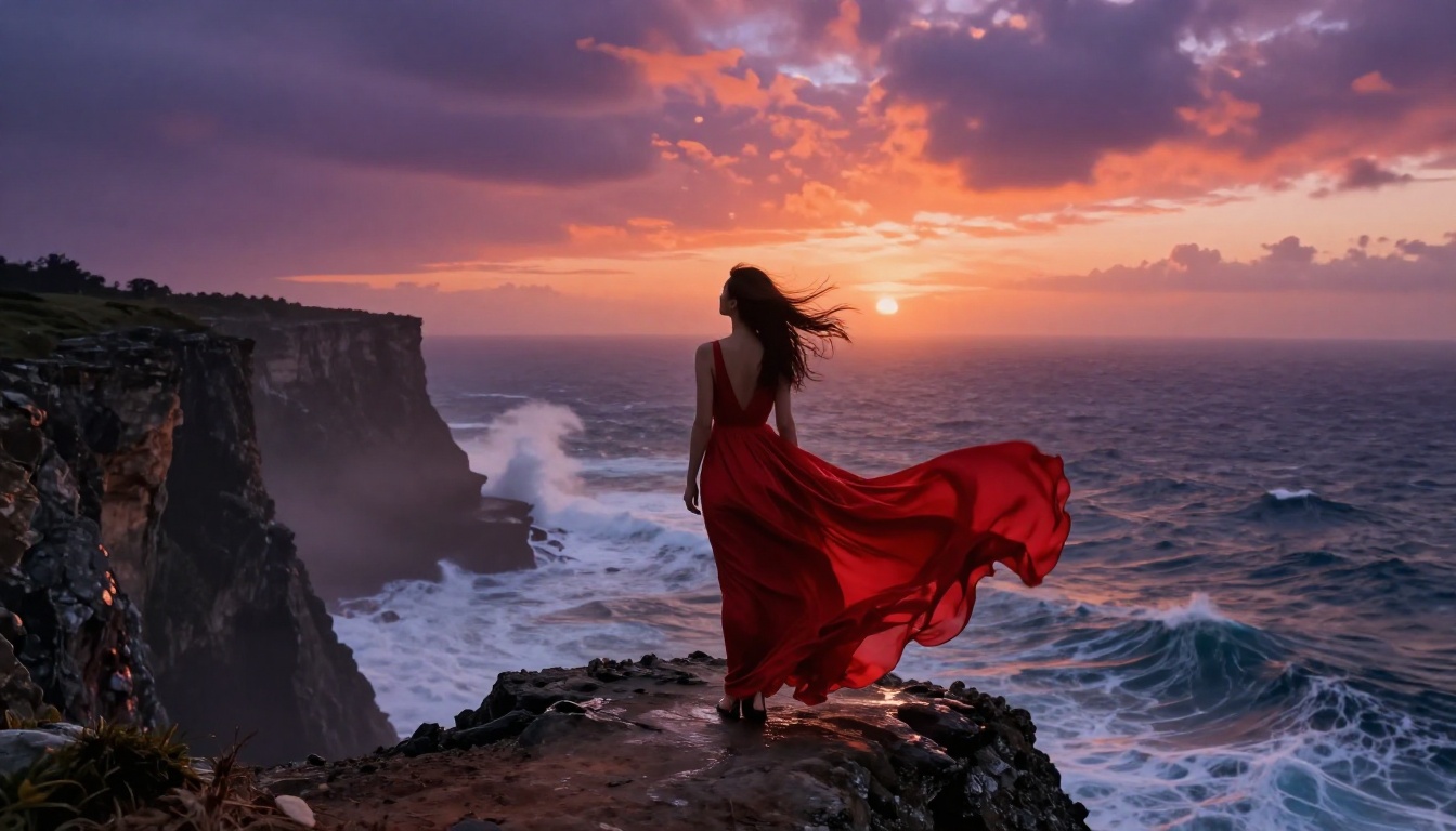A woman in a crimson silk dress standing on a dramatic coastal cliff at magic hour, ocean waves far below, cinematic wide shot