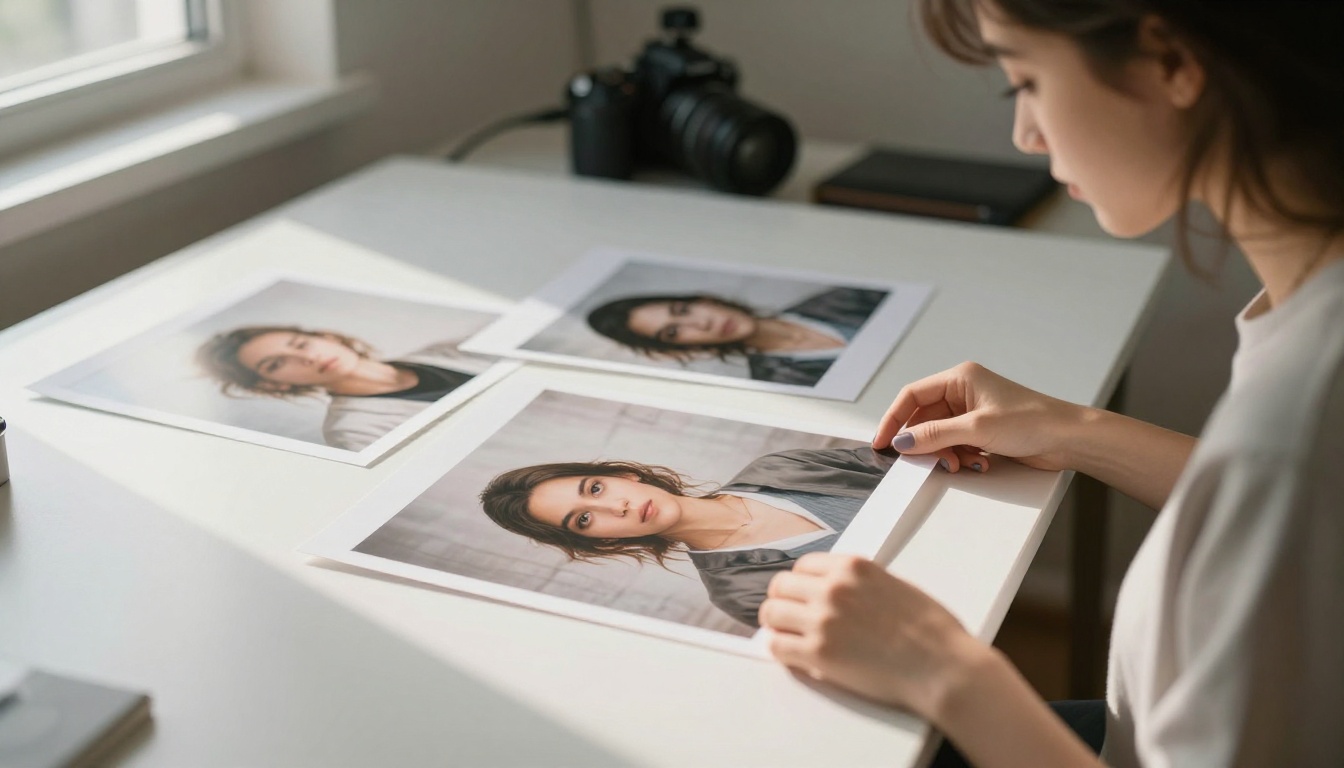 Photographer comparing printed AI-generated images side by side in a bright studio