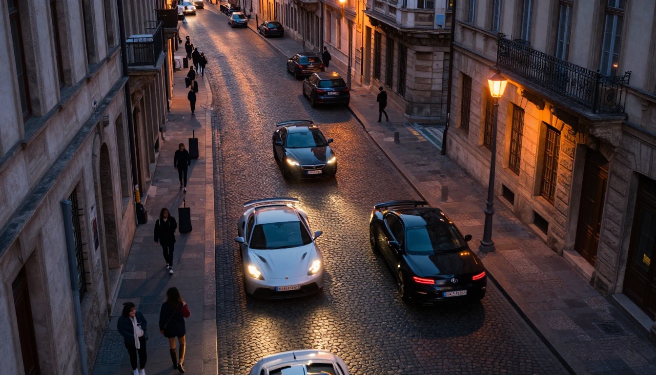 Aerial view of a dramatic car chase through cobblestone European streets at dusk, cinematic motion blur