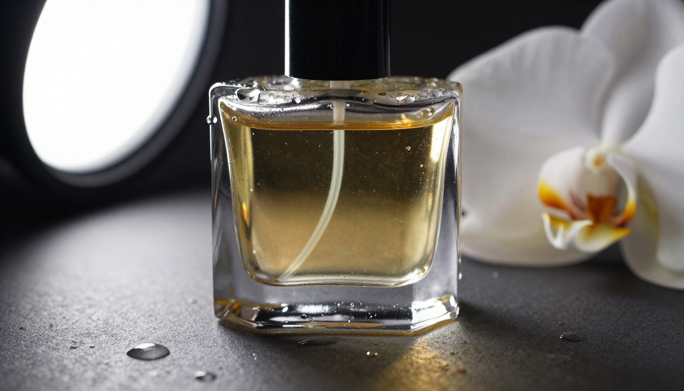 Close-up macro photography of a luxury perfume bottle on polished obsidian, rainbow caustic light patterns, water droplets, 8K photorealistic product shot
