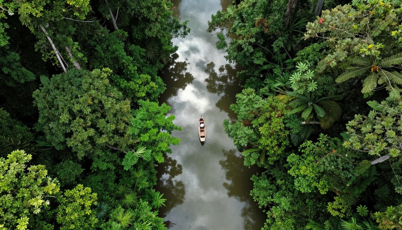Aerial view of a lush tropical jungle with a winding river reflecting midday light