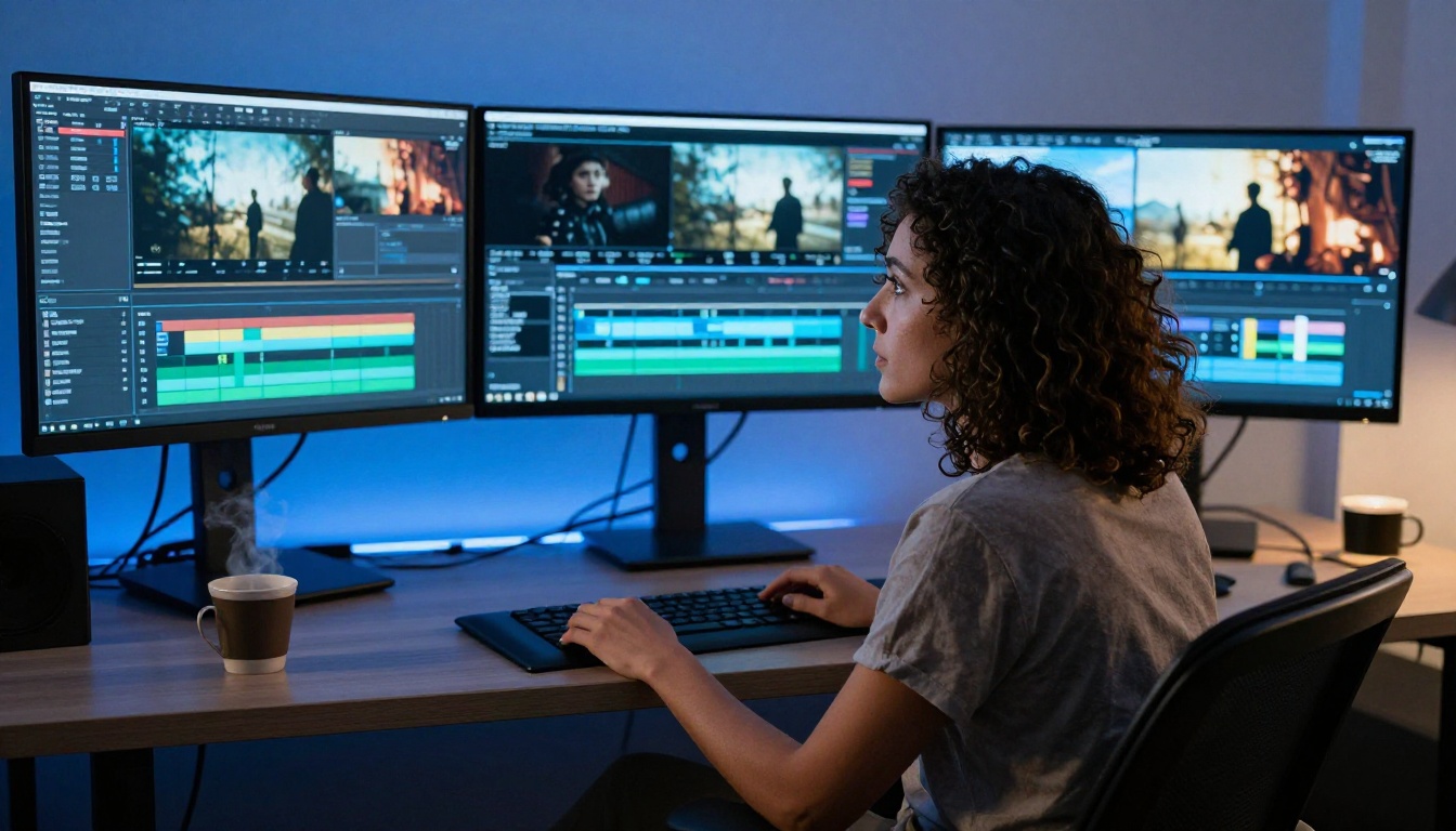 A professional video editor reviewing cinematic footage on multiple monitors in a post-production suite, surrounded by soft blue monitor light A professional video editor reviewing cinematic footage on multiple monitors in a post-production suite, surrounded by soft blue monitor light
