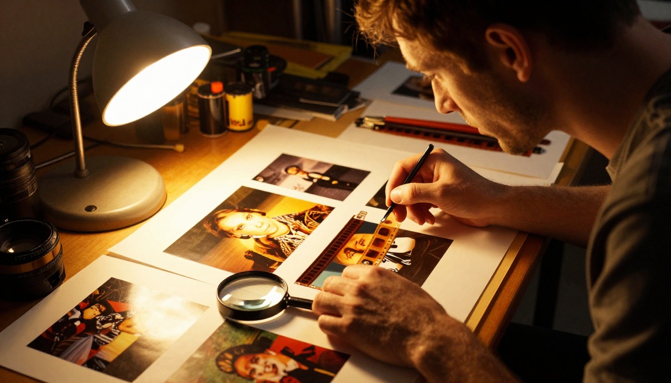Designer examining film strips and printed image samples on a backlit lightbox