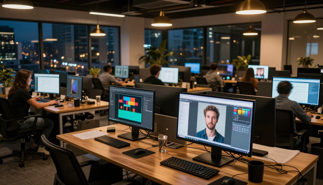 Modern creative agency office at dusk with designers working at illuminated monitors