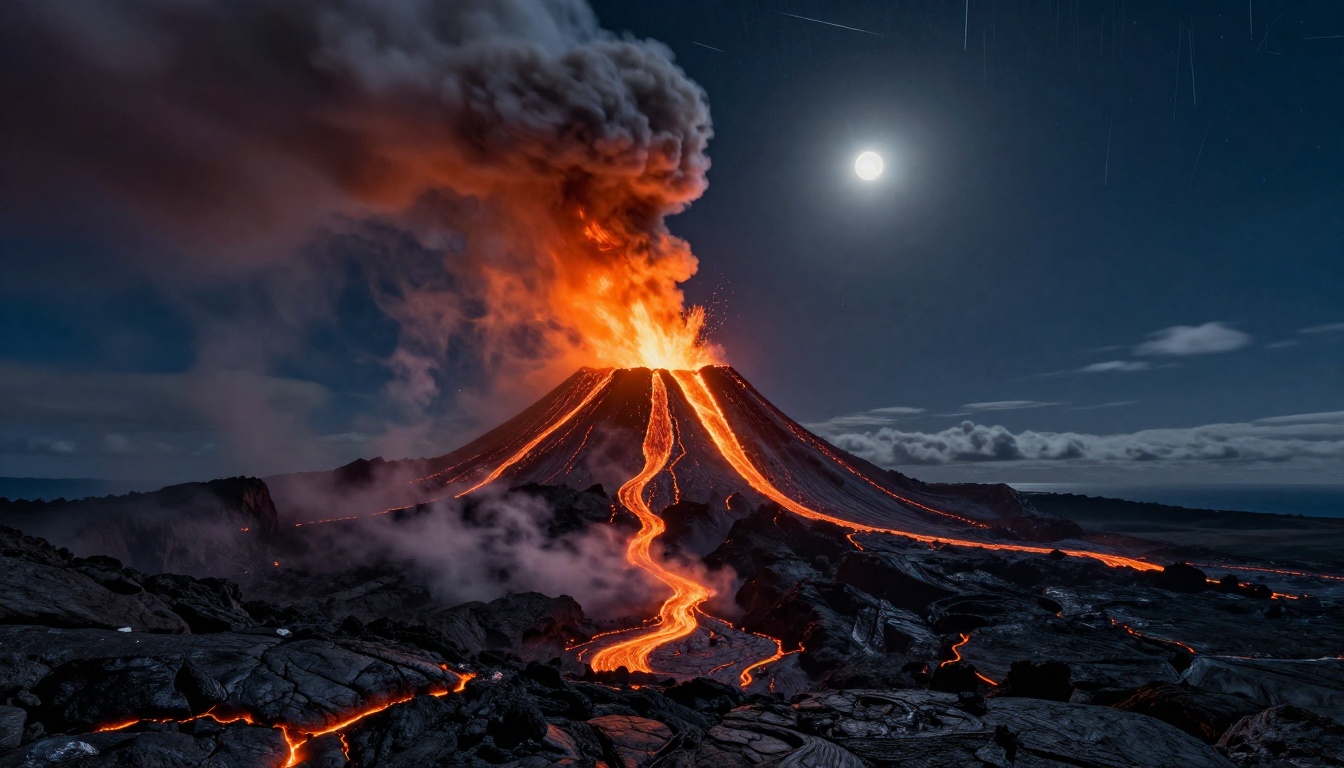 A dramatic volcanic eruption at night, rivers of orange lava flowing into the ocean, steam clouds rising, full moon through ash, wide angle photorealistic nature photography A dramatic volcanic eruption at night, rivers of orange lava flowing into the ocean, steam clouds rising, full moon through ash, wide angle photorealistic nature photography
