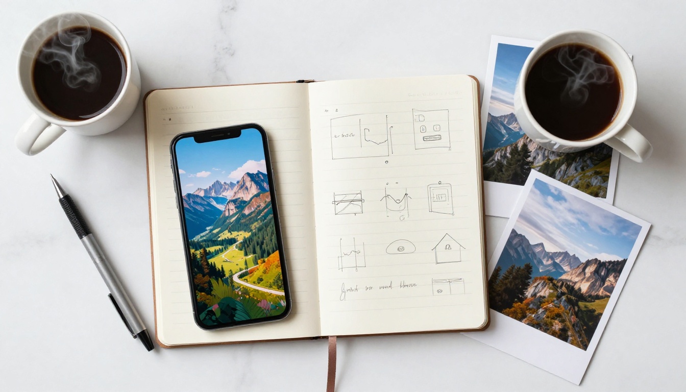 Overhead flat lay of smartphone, notebook, prints, and coffee on white marble surface