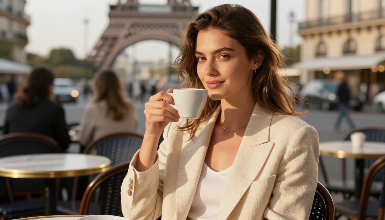 A beautiful woman at a Paris terrace cafe during golden hour, soft bokeh background, Eiffel Tower visible, photorealistic lifestyle photography