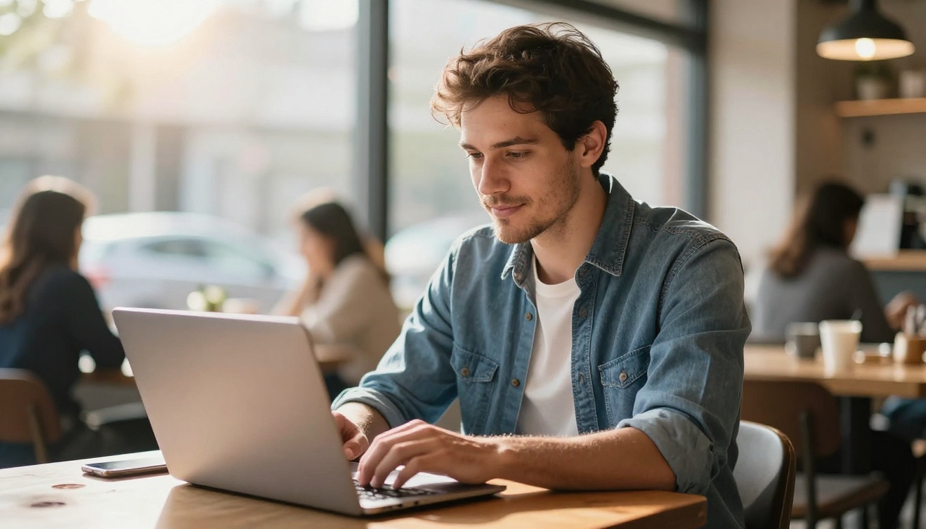 Male creative professional working on a laptop in a sunlit coffee shop