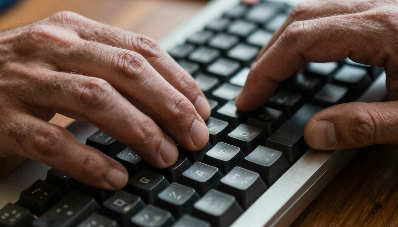 Close-up of hands typing on a vintage mechanical keyboard, warm tungsten desk lamp light, visible key texture, photorealistic macro photography Close-up of hands typing on a vintage mechanical keyboard, warm tungsten desk lamp light, visible key texture, photorealistic macro photography