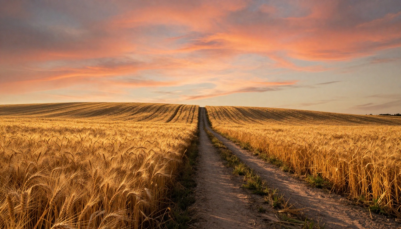 Golden hour wheat field landscape with dirt road and dramatic sky
