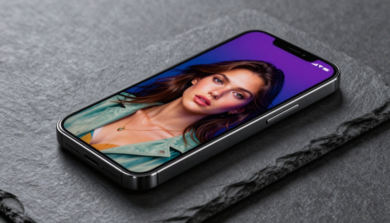 Smartphone on dark slate surface showing vibrant AI-generated portrait on screen