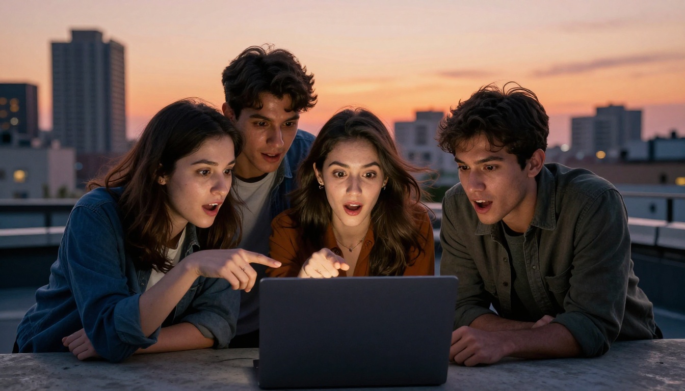 Three young filmmakers huddled around a laptop on a rooftop at sunset, city skyline glowing behind them, expressions of amazement, photorealistic candid photography Three young filmmakers huddled around a laptop on a rooftop at sunset, city skyline glowing behind them, expressions of amazement, photorealistic candid photography
