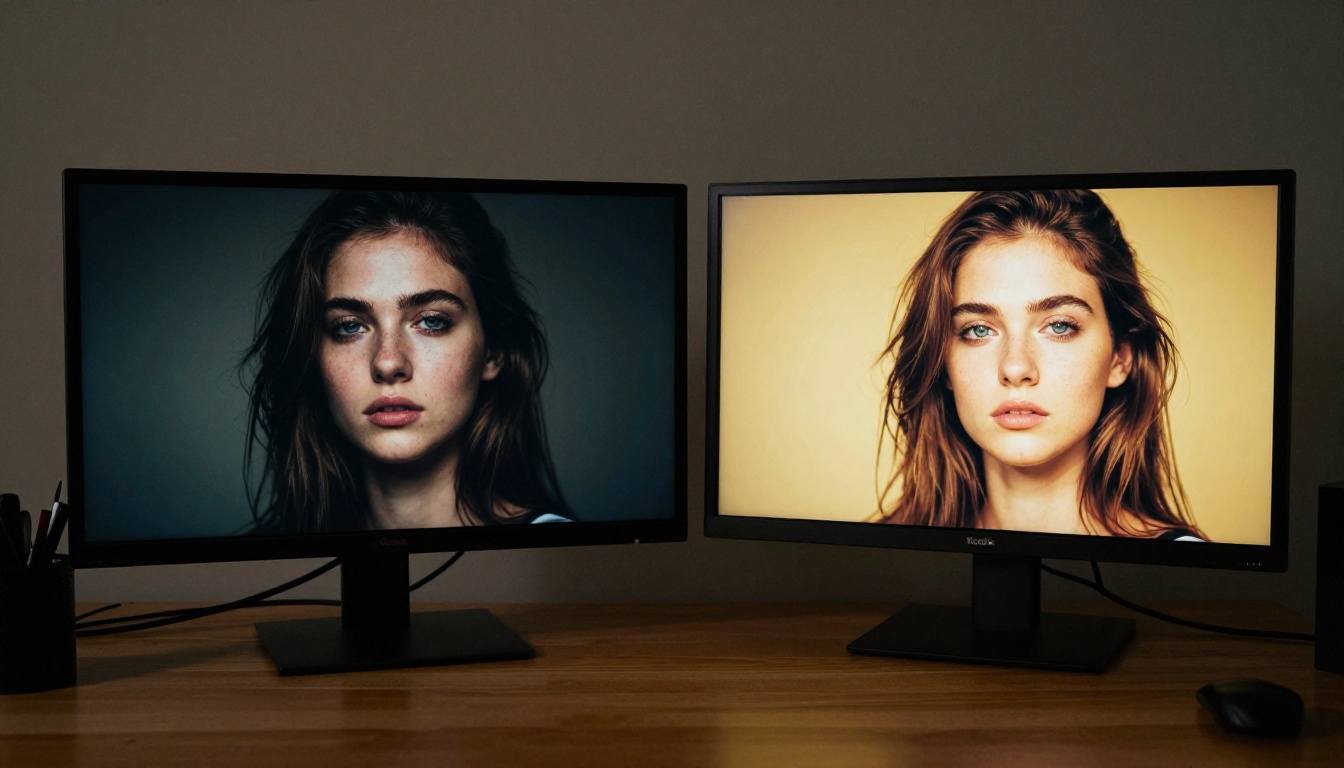 Two professional monitors side by side displaying AI-generated portrait photographs with distinct lighting styles
