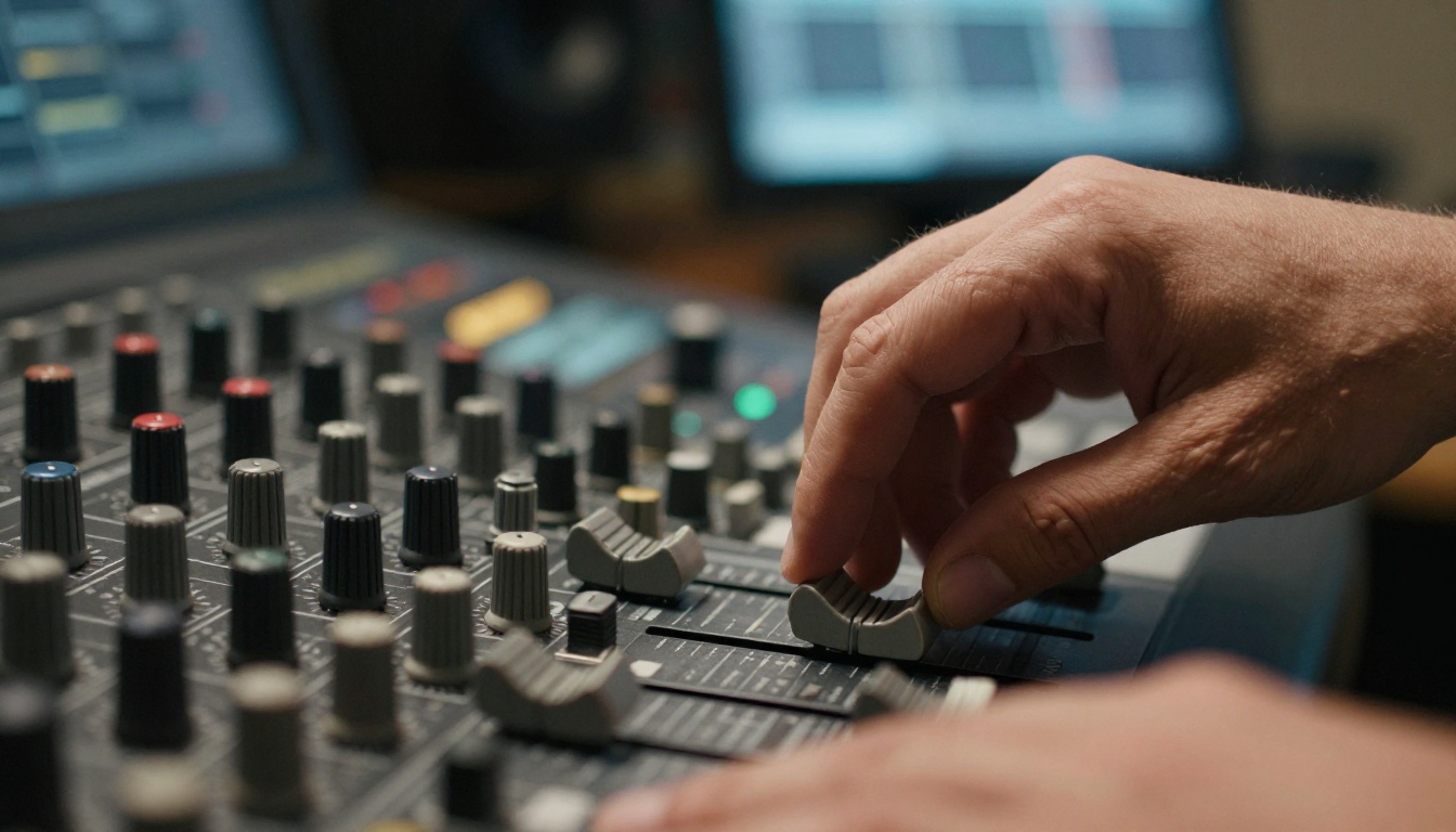 Close-up of hands pressing fader controls on a professional mixing console with studio equipment in background