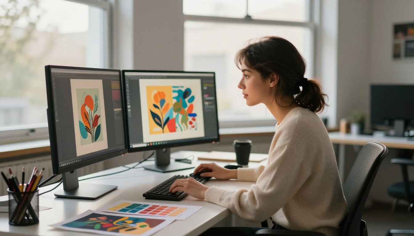 Creative professional woman examining AI-generated artwork on dual monitor setup with warm afternoon window light