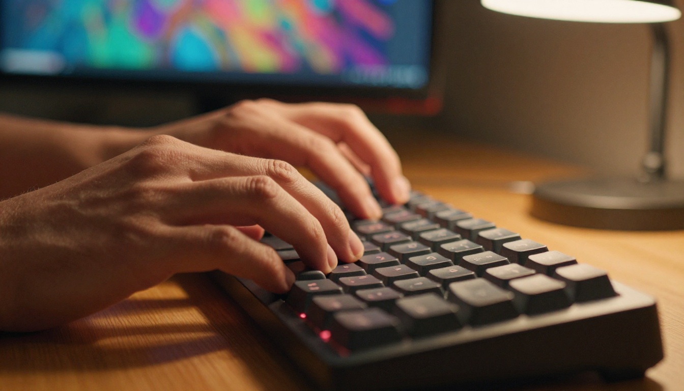 Macro close-up of hands typing a detailed image prompt on a mechanical keyboard with a colorful AI-generated monitor visible in the background