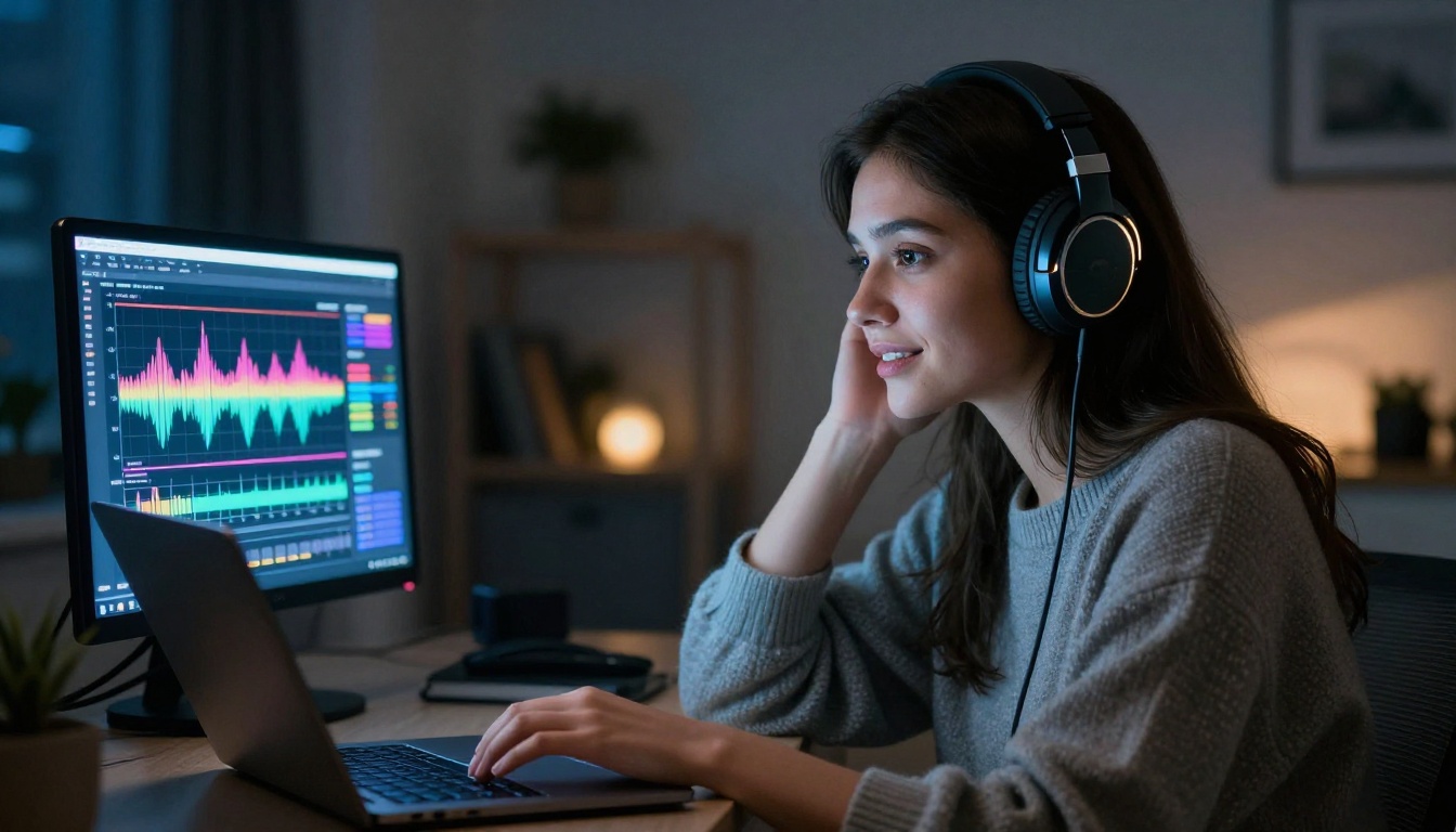 Young woman with headphones watching AI video interface on laptop screen at night