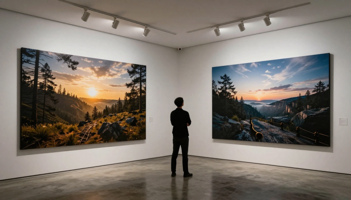 Gallery-style white room with two large format landscape prints on the walls and a silhouetted figure studying them under spotlights