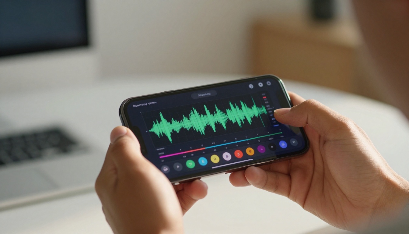 Low-angle shot of hands holding smartphone with colorful AI video generation interface on screen