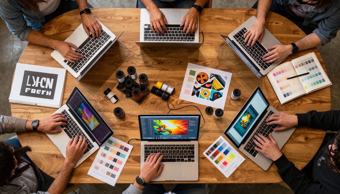 Aerial overhead view of a creative studio workspace with multiple tablets showing colorful AI artwork and design tools on a wooden table Aerial overhead view of a creative studio workspace with multiple tablets showing colorful AI artwork and design tools on a wooden table