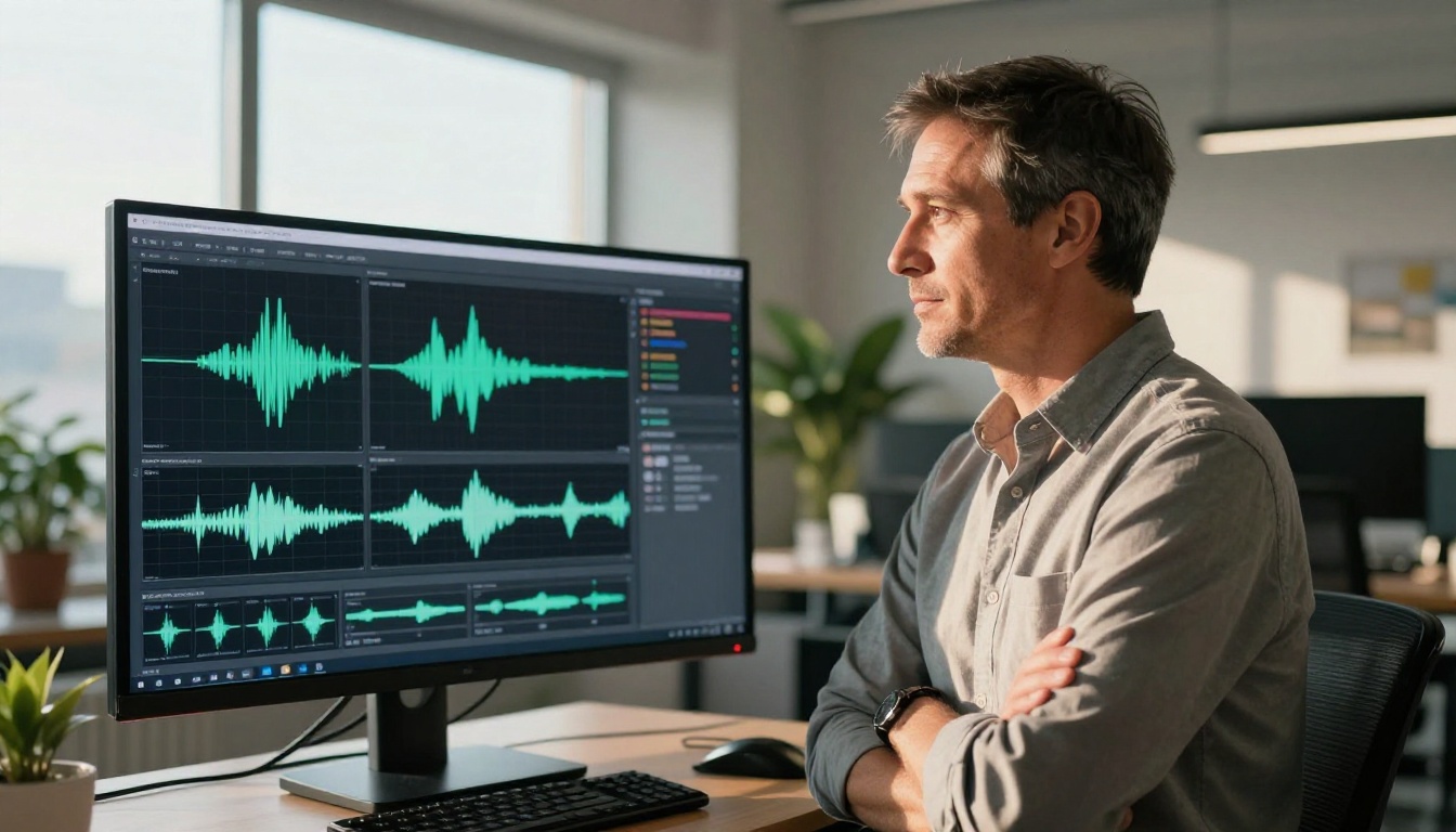 Creative director standing in modern office reviewing AI-generated video thumbnails on widescreen monitor