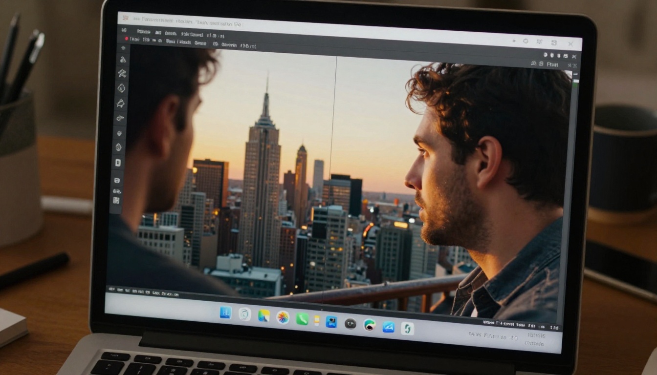Close-up of a man's face illuminated by the warm glow of a laptop screen showing AI-generated cityscape comparison images Close-up of a man's face illuminated by the warm glow of a laptop screen showing AI-generated cityscape comparison images