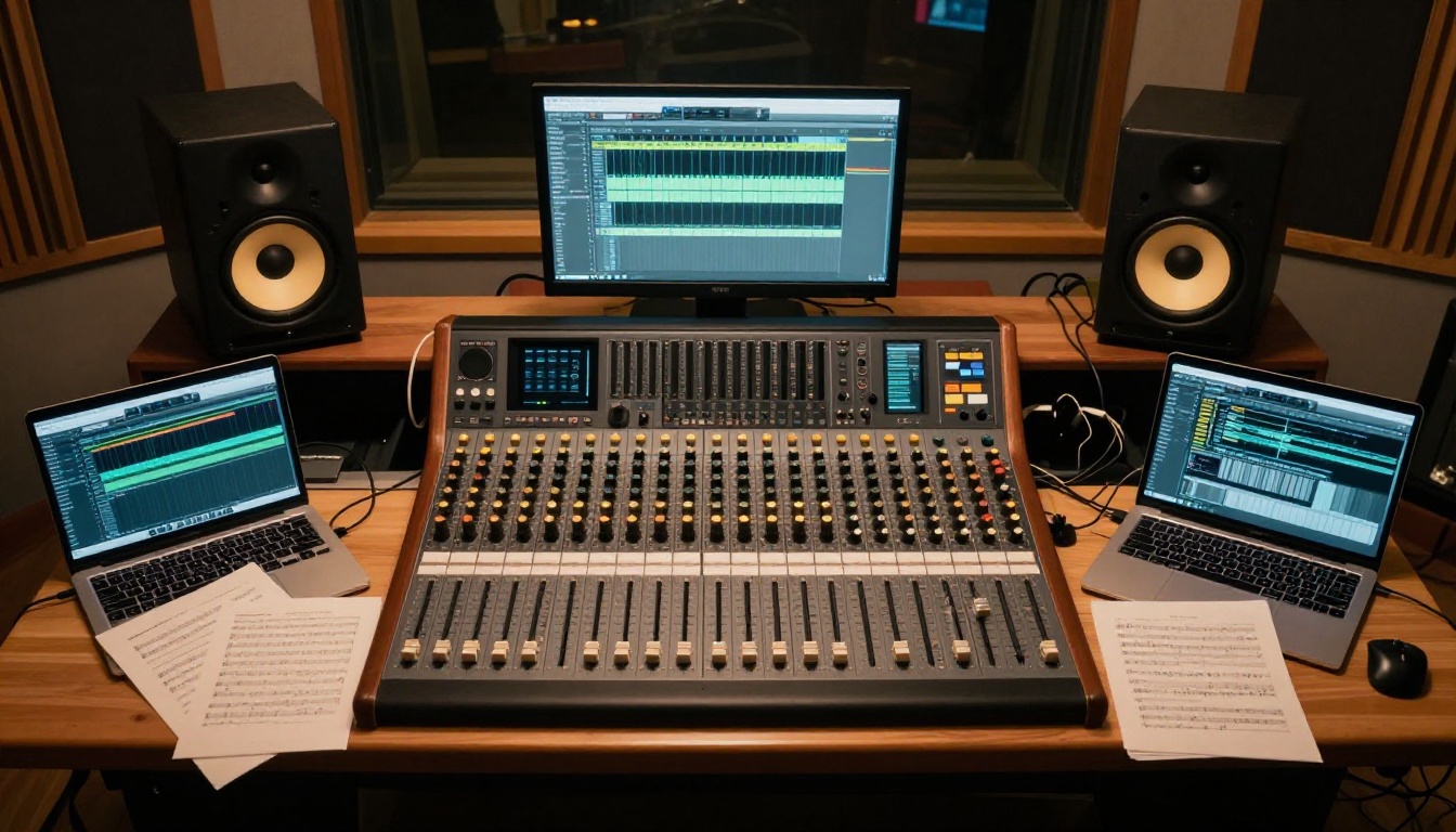 Aerial view of professional recording studio desk with mixing console, laptop screens, and studio monitors