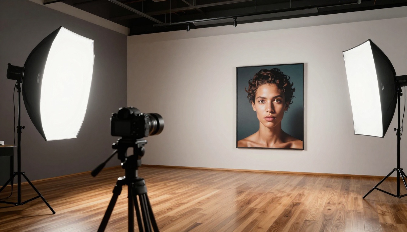 Wide interior shot of a luxury photography studio with a large format AI art print on the wall and a camera on tripod in the foreground Wide interior shot of a luxury photography studio with a large format AI art print on the wall and a camera on tripod in the foreground