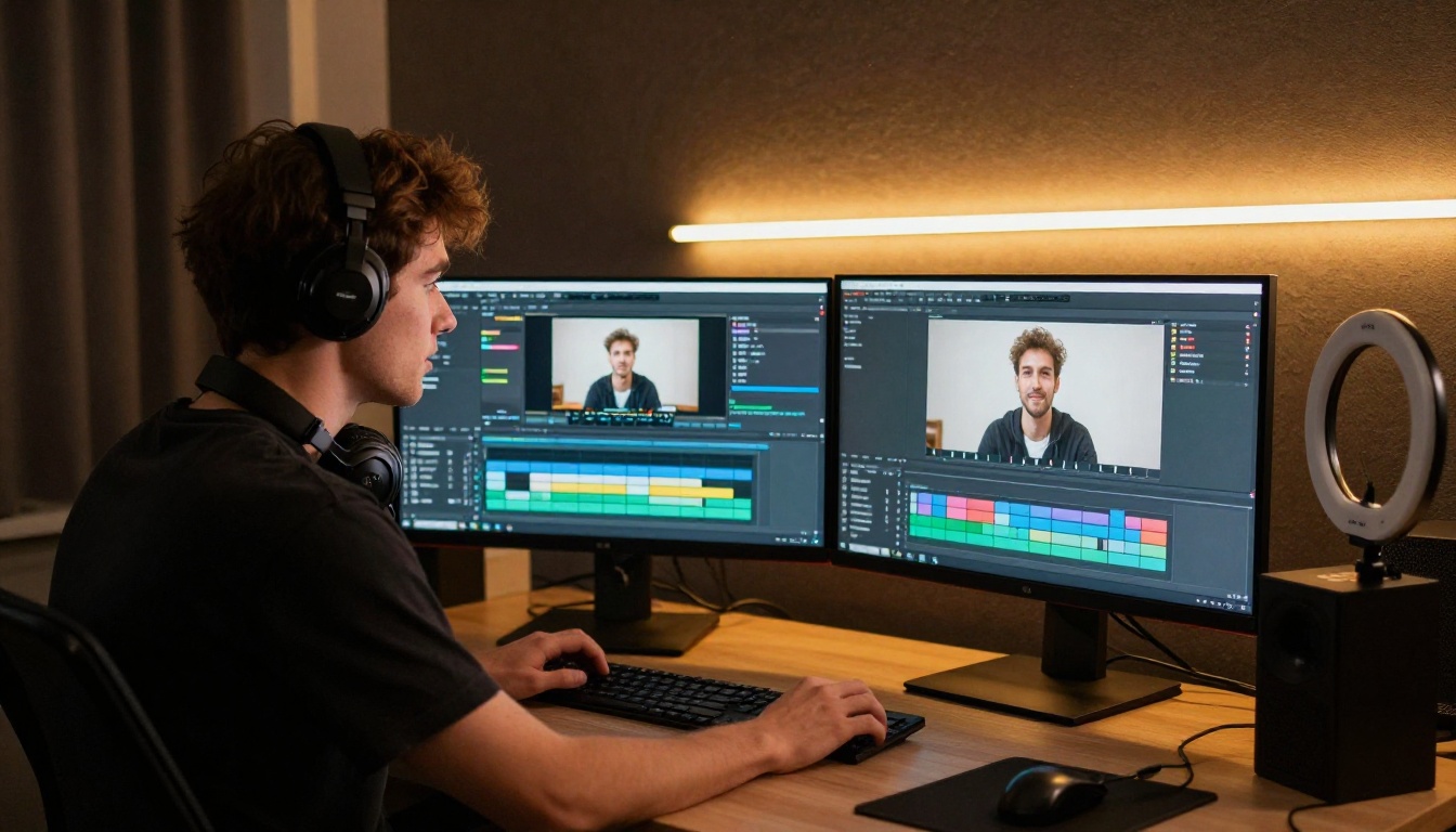 Young content creator at home studio with dual monitors showing video editing software and social media preview Young content creator at home studio with dual monitors showing video editing software and social media preview