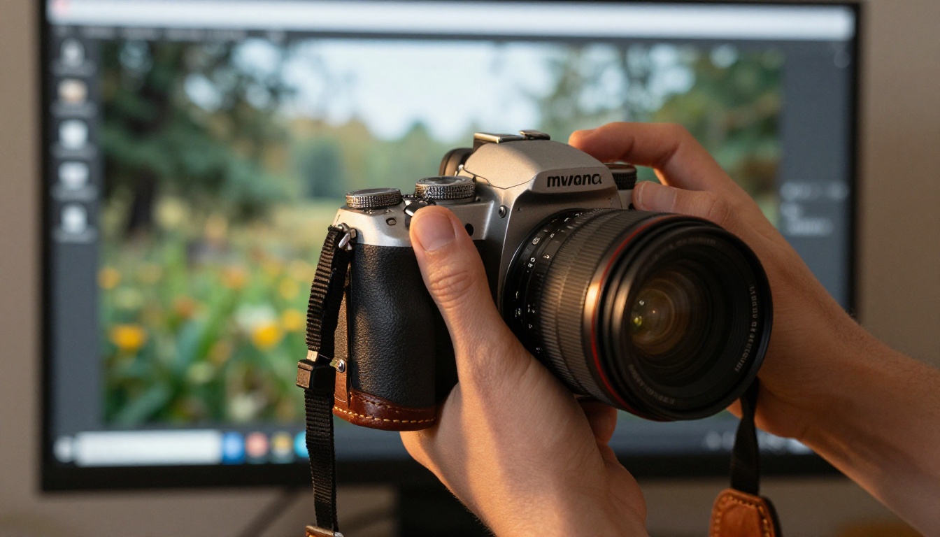 Close-up of a photographer's hand gripping a professional DSLR camera body with leather strap, warm studio lighting, background monitor displaying AI nature photography Close-up of a photographer's hand gripping a professional DSLR camera body with leather strap, warm studio lighting, background monitor displaying AI nature photography