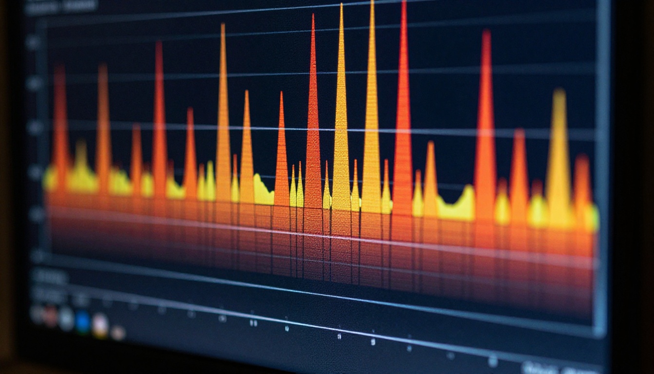 Audio frequency spectrum visualization with colorful bars on dark monitor screen Audio frequency spectrum visualization with colorful bars on dark monitor screen