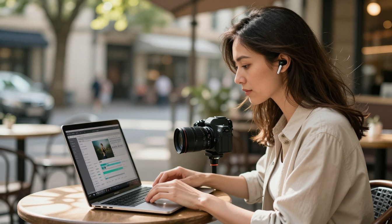 Professional female videographer at outdoor café reviewing AI video platform on laptop with earbuds in Professional female videographer at outdoor café reviewing AI video platform on laptop with earbuds in