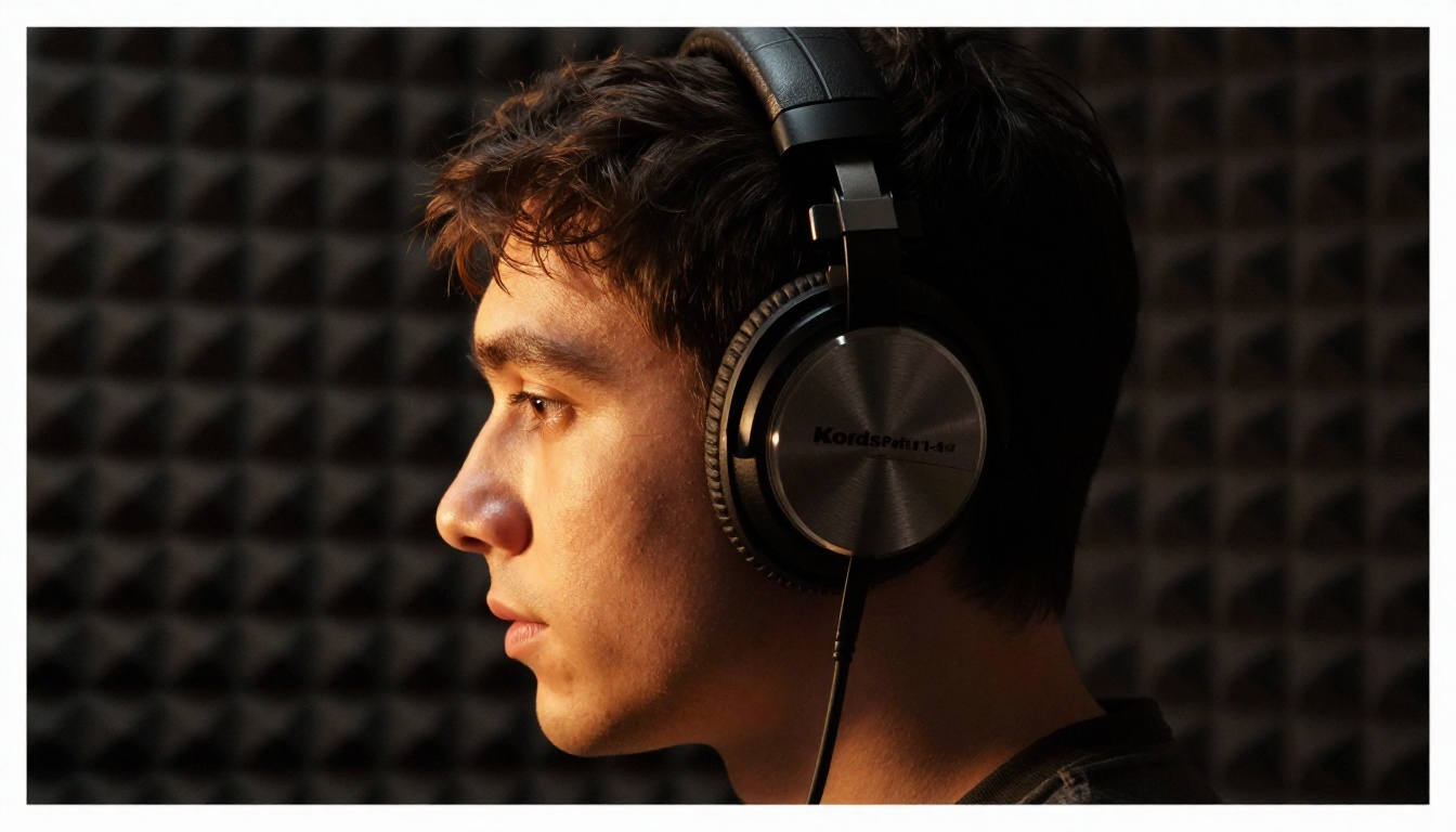 Side profile of a person wearing studio headphones in a dimly lit audio booth with warm amber light Side profile of a person wearing studio headphones in a dimly lit audio booth with warm amber light