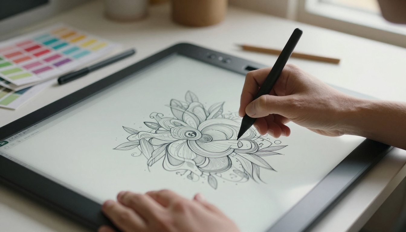 A professional designer reviewing AI-generated images at a creative studio workstation