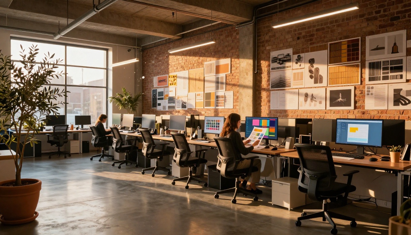 Wide-angle view of a modern creative agency studio with designers working at large monitors