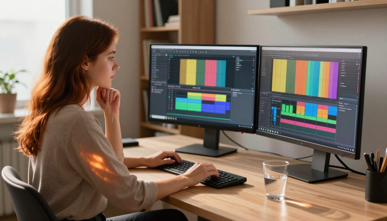 Woman studying video AI comparison on dual monitors