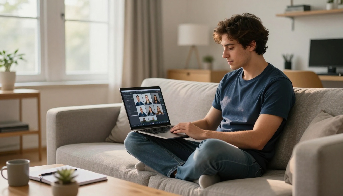 Content creator reviewing AI-generated images on laptop in a minimal modern apartment