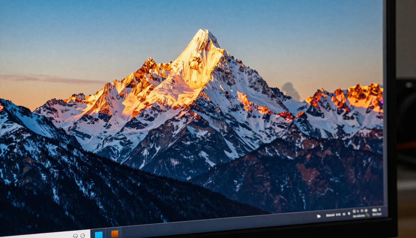 Close-up of a high-resolution monitor displaying AI-generated landscape photography