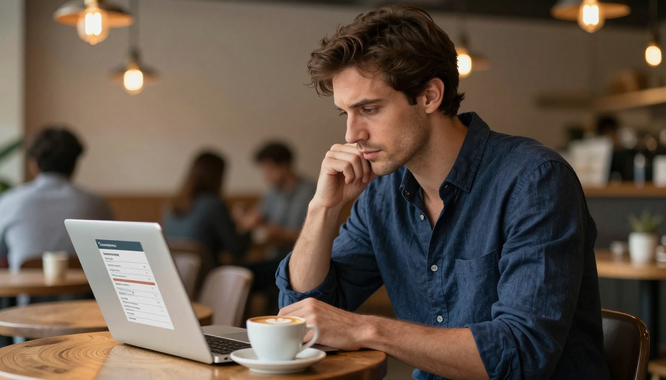 Man reviewing AI video pricing plans on laptop at a cafe