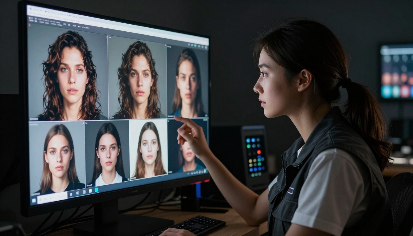 Female photographer reviewing AI-generated portrait grid on a studio monitor