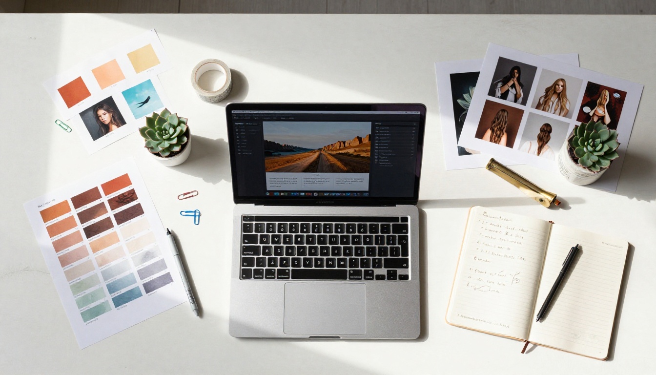 Overhead flat-lay of a creative workspace with design tools and AI-generated image samples