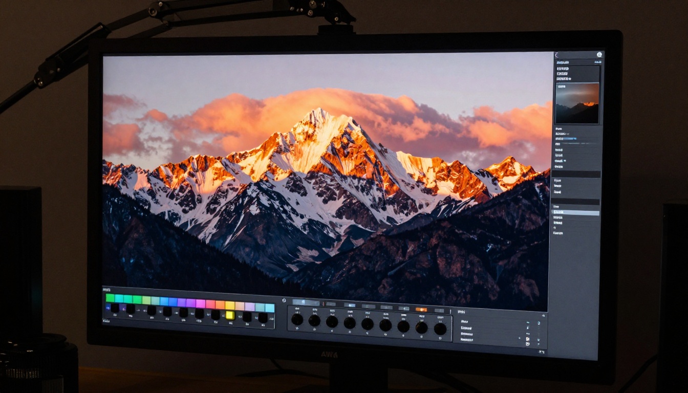 Large professional monitor displaying cinematic video frame in a production studio